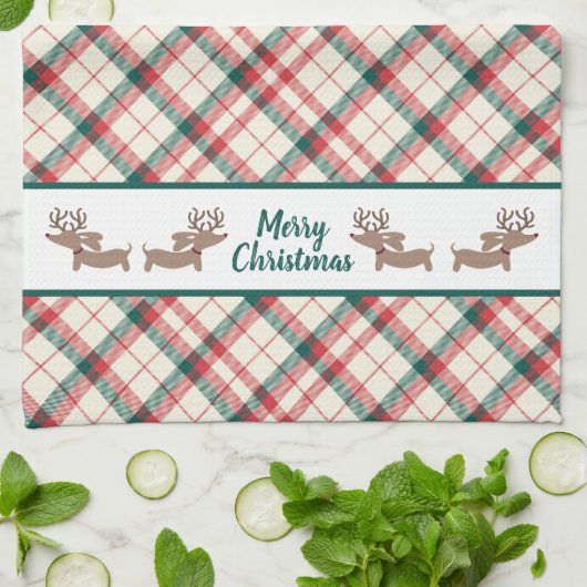 Dachshund Plaid Kerstmis Keuken Gift Theedoek (Gevouwen)