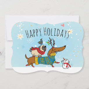 Dachshund, Pug & Bird Flat Holiday Kaart