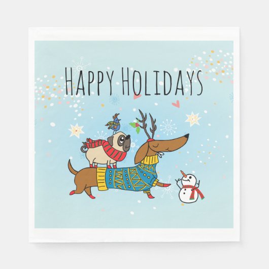 Dachshund, Pug & Bird Holiday Paper Napkin Servet (Voorkant)