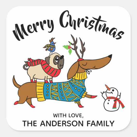 Dachshund, Pug & Bird kerstlabel Vierkante Sticker (Voorkant)