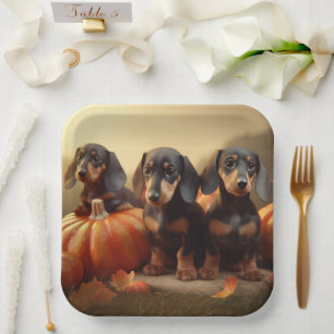 Dachshund Puppy Herfst Delight Pompoen Papieren Bordje