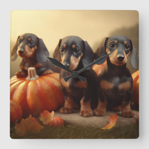 Dachshund Puppy Herfst Delight Pompoen Vierkante Klok