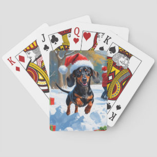 Dachshund Rent in de Sneeuw met Kerstmuts Pokerkaarten
