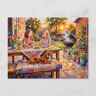 Dachshund rustend naast tuin tafereel in de avond briefkaart