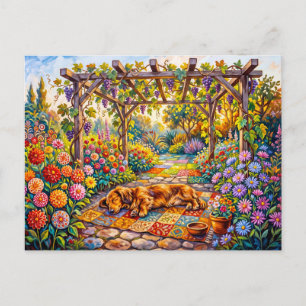 Dachshund Rustend Onder Bloemrijke Tuinpergola Pad Briefkaart