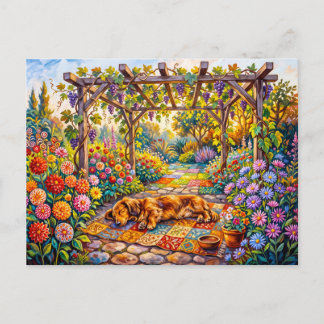 Dachshund Rustend Onder Bloemrijke Tuinpergola Pad Briefkaart