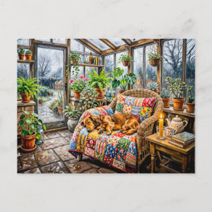 Dachshund rustend op patchworkstoel in Greenh Briefkaart