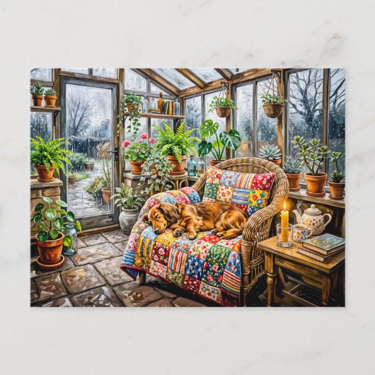 Dachshund rustend op patchworkstoel in Greenh Briefkaart (Voorkant)