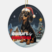 Dachshund’s eerste Kerstmis Keramisch Ornament (Links)