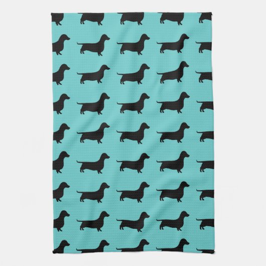 Dachshund Silhouette over Aqua Background Theedoek (Verticaal)