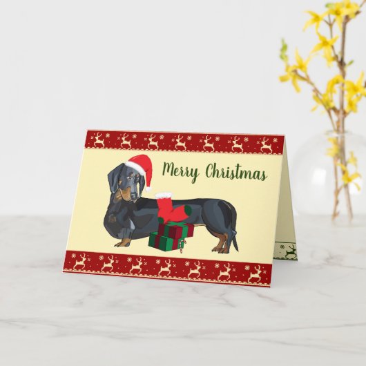 Dachshund Sinterklaas Kerst Scene Kaart (Gele Bloem)