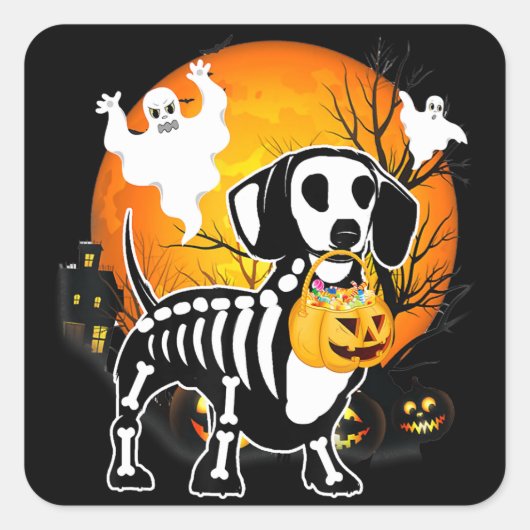 Dachshund Skeleton Halloween Happy Pumpkin Gift Vierkante Sticker (Voorkant)