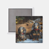 Dachshund Snowy Sleigh Kerst Decor Magneet (Voorkant / Achterkant)