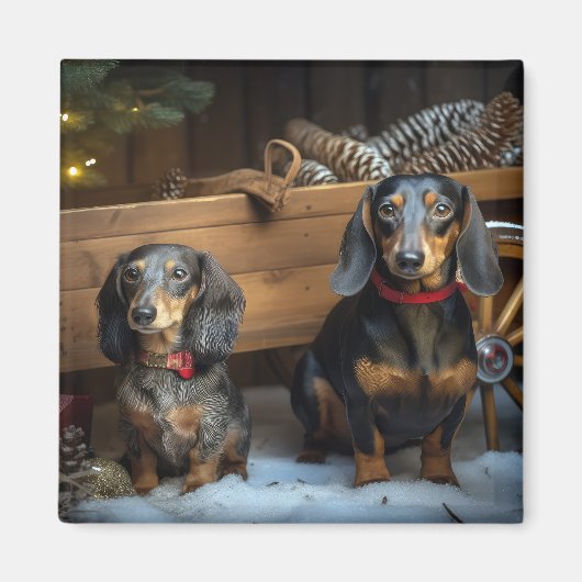 Dachshund Snowy Sleigh Kerst Decor Magneet (Voorkant)