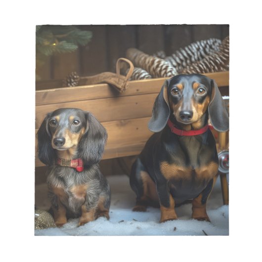 Dachshund Snowy Sleigh Kerst Decor Notitieblok (Voorkant)