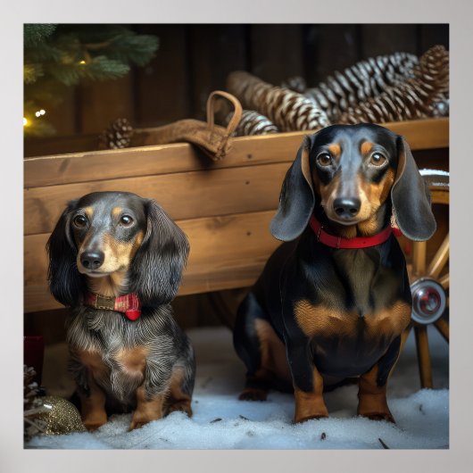 Dachshund Snowy Sleigh Kerst Decor Poster (Voorkant)