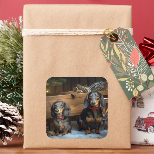 Dachshund Snowy Sleigh Kerst Decor Vierkante Sticker (Feestdagen)