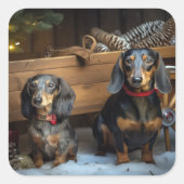 Dachshund Snowy Sleigh Kerst Decor Vierkante Sticker (Voorkant)