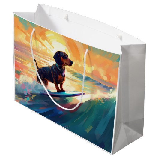 Dachshund strand surfen schilderij groot cadeauzakje (Achterkant Gekanteld)