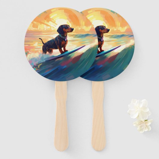 Dachshund strand surfen schilderij handwaaier (Voorkant en achterkant)