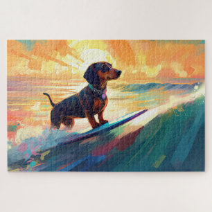 Dachshund strand surfen schilderij legpuzzel