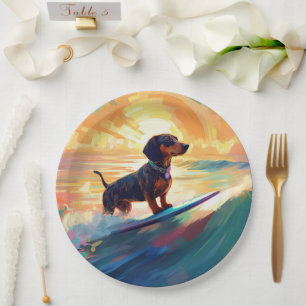 Dachshund strand surfen schilderij papieren bordje