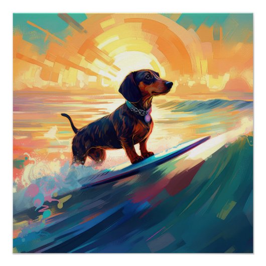 Dachshund strand surfen schilderij perfect poster (Voorkant)