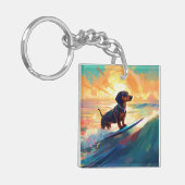 Dachshund strand surfen schilderij sleutelhanger (Voorkant Links)