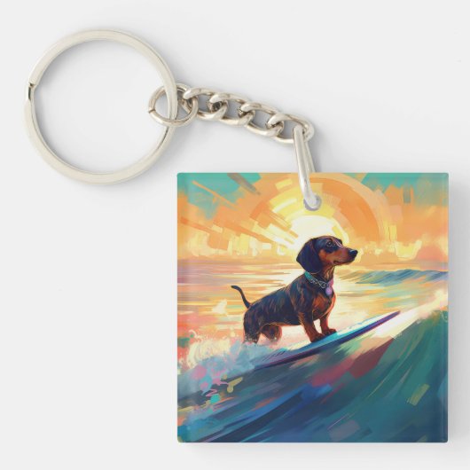 Dachshund strand surfen schilderij sleutelhanger (Voorkant)