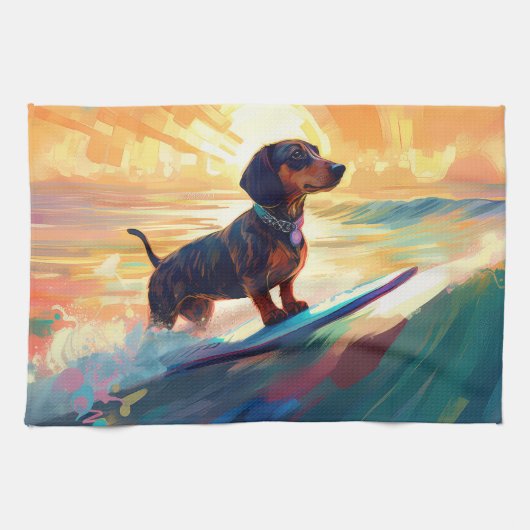Dachshund strand surfen schilderij theedoek (Horizontaal)