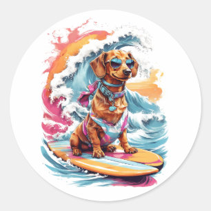 Dachshund T-shirt Design met Water Wave Splash Ronde Sticker