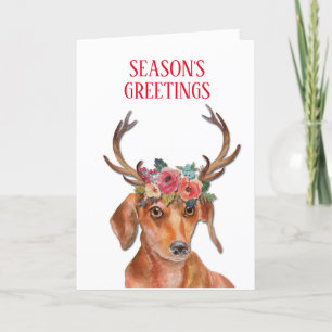 Dachshund Weiner Doxie Daxi Dog Floral Antlers Feestdagen Kaart
