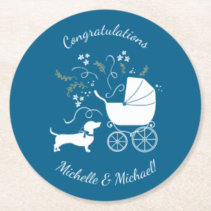 Dachshund Wiener Dog Baby shower Blue Boy Ronde Kartonnen Onderzetter