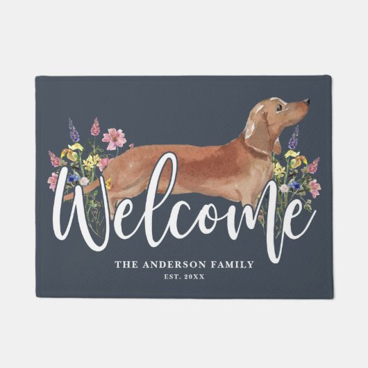 Dachshund Wildflower Blue Welkom Deurmat (Voorkant)