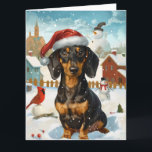 Dachshund Winter Wonderland Christmas Joy<br><div class="desc">Ce design festif reflète l'esprit joyeux de la période des fêtes, avec un adorable petit portant un chapeau de Père Noël. Le chien est niché dans un pays des merveilles hivernales, avec un bonhomme de neige, un sapin de Noël décoré et des cadeaux joliment emballés. Les flocons de neige tombent...</div>