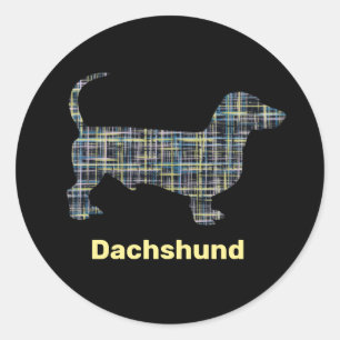 Dachshund Yellow & Blue Grid Lines Abstract Ronde Sticker