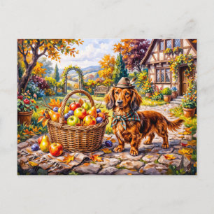 Dachshund Zit Naast Appels Pompoenen Herfst Ga Briefkaart