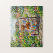 Dachshund zittend op patchwork tuinstoel tussen legpuzzel (Verticaal)