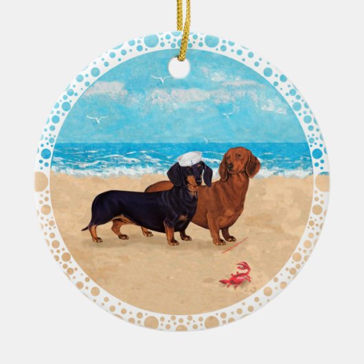 Dachshunds bij Beach Keramisch Ornament (Voorkant)