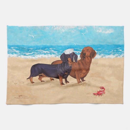 Dachshunds bij de strandlaken theedoek (Horizontaal)