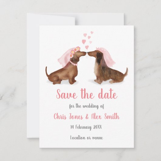 Dachshunds in liefde, behalve de datumkaart (meisj save the date (Voorkant)