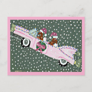 Dachshunds met Kerstmis in een roze cabriolet Briefkaart