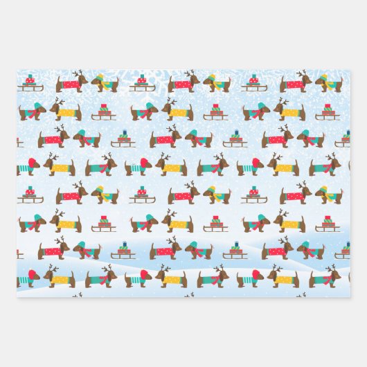 Dachshunds Reindeer Sledge Snow-kerstpatroon Inpakpapier Vel (Voorkant)