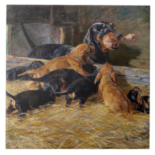 Dachshunds with Puppy in Stable Hermine Bieder ied Tegeltje