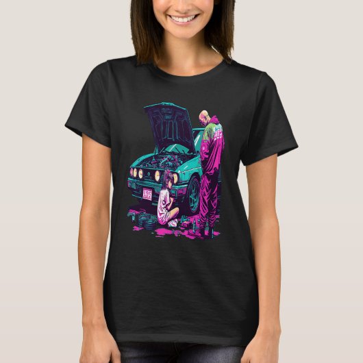 Dad and Daughter Fixing Car Retro Pop Car Mechanic T-shirt (Voorkant)