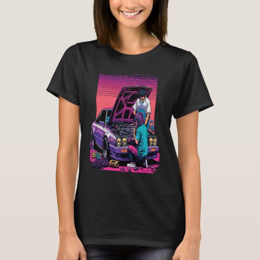 Dad and Daughter Fixing Car Retro Pop Car Mechanic T-shirt (Voorkant)