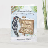 Dad Happy February Birthday Downy Woodpecker Kaart (Voorkant)