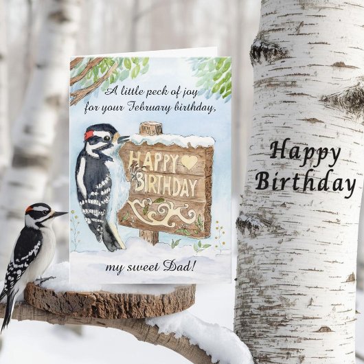 Dad Happy February Birthday Downy Woodpecker Kaart