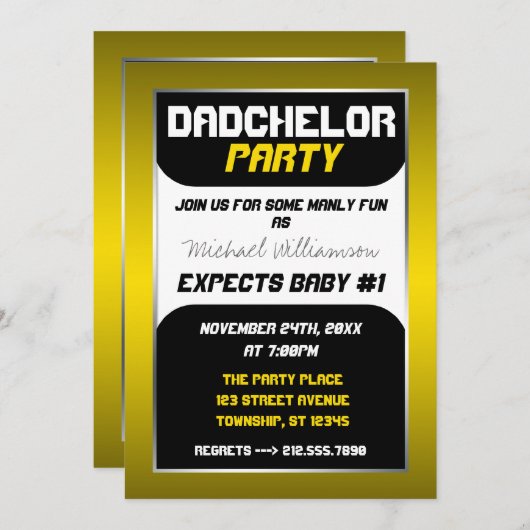 Dadchelor Party - Invitations Jaunes et Noires (Devant / Derrière)