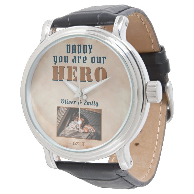 Daddy Hero Waterverf Father`s Day Foto Horloge (Gekanteld)